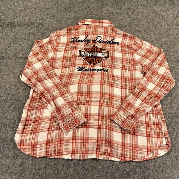 Harley-Davidson Tops - Harley Davidson Shirt Womens 2W Orange Plaid Embroidered Logo Flannel Biker Moto